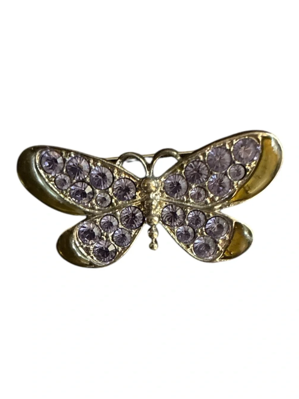 Avon Silver Butterfly Brooch with Lavender Rhinestones and Brown Enamel